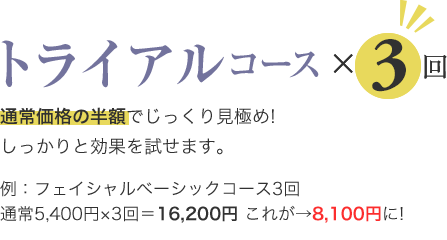 トライアルコース×3回
通常価格の半額でじっくり見極め!
しっかりと効果を試せます。
例:フェイシャルベーシックコース3回
通常5,400円×3回=16,200円 これが→8,100円に!